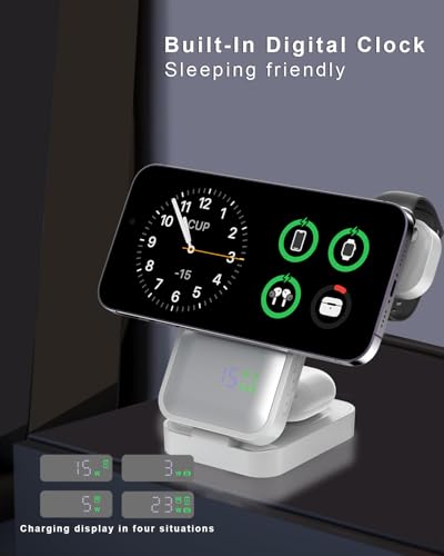 Image of Karwan Wireless Charger 4in1 22w Magnetic Mag-Safe with Clock for i-Phone 16 /16 Plus /16 Pro /16 Pro Max,iPhone 15 /15 Plus /15 Pro /15 Pro Max,iPhone 14 /13 /12,Samsung 21 /22 /23 /24 /25,iwatch-White