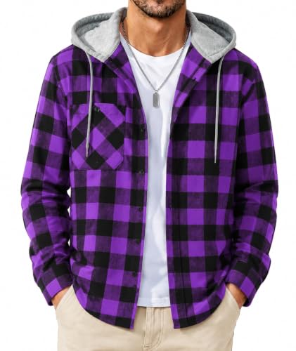 Image of SCODI Mens Flannel Hoodie Shirt Casual Button Down Plaid Long Sleeve Shirts