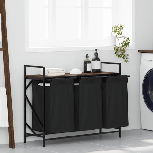 Panier à linge 3 compartiments marron aspect chêne et étagère de tri