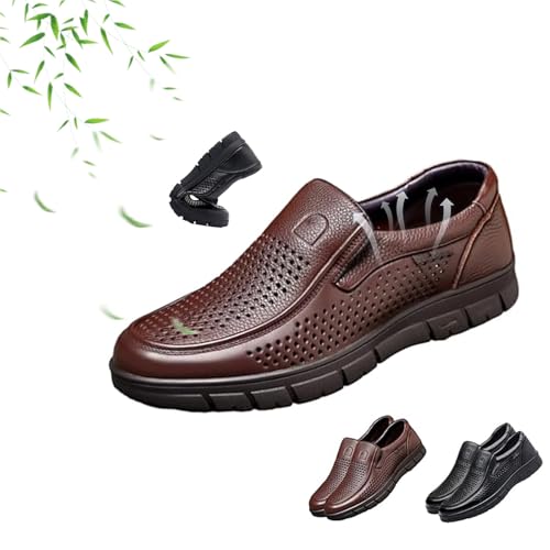 Breathable Business Casual Men's Leather Shoes, Summer Mesh Lightweight Breathable Soft Leather Moccasins Slip-On Non-Slip Driving Shoes