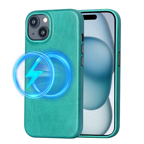 LUCKYCOIN Genuine Leather Case for iPhone 15 6.1 in,Full-Grain Leather,Compatible with MagSafe,Magnetic Wireless Charging,Slim Fit,Metal Buttons and