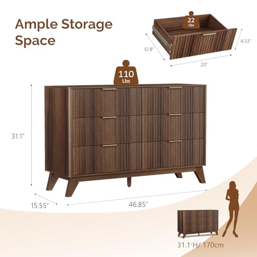Image of VINGLI Fluted Walnut Dresser 6 Drawer, Dark Brown Wood Dresser with Rounded Edges, Mid Century Modern Walnut Dressers for Bedroom, 46.8 inch W*15.5 inch D*31 inch H