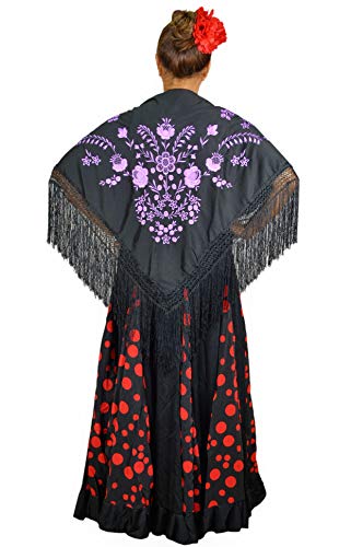 AMINA Medium Peak Shawl Triangular Flamingo or Sevillanas (175 x 75 cm) Black Lilac Embroidery2
