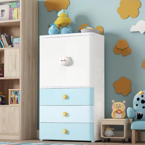 Image of Kids Plastic Collapsible Wardrobe Organizer for Storage with Drawers | Cute Cartoon Design | Heavy Duty Runner Rug Floor Mat Carpets Organizer Bedroom, Living Room (Blue-Bear, 1+3-Door)