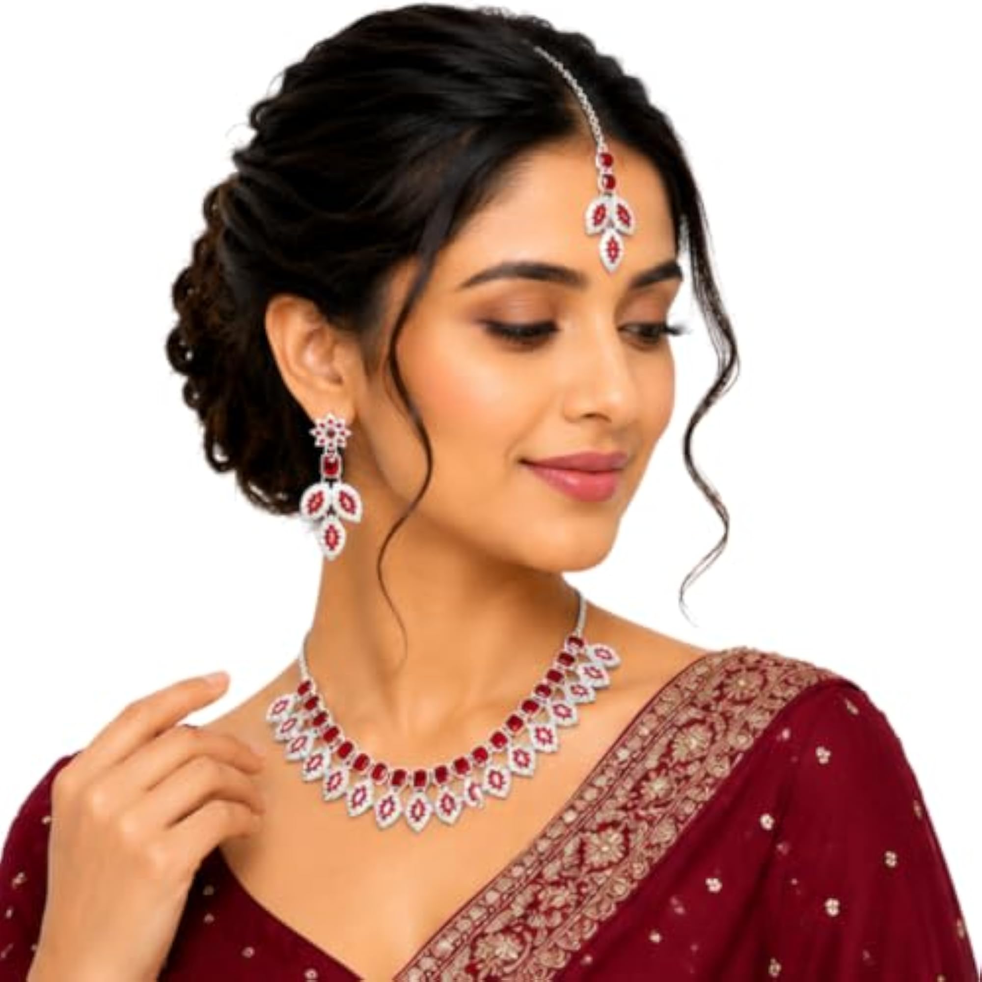 Women's Crystal Stone Traditional Necklace Set with Earrings and Maang Tikka