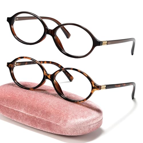 Image of Slocyclub 2 pack Oval Blue Light Blocking Glasses with Eyeglass Case | Vintage oval frame for women, Filters harmful blue light, reduces eye strain, Vintage oval frame, Lightweight for daily wear