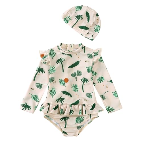 Generisch Traje de baño floral de manga larga para niños y bebés, 1 pieza, bikini con sombrero, caqui, 12-24 meses