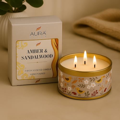 Image of AuraDecor 3-Wick Scented Tin Candle | Premium Gift Set | Hand Poured Soy Blend | Long Lasting | Home Fragrance | Relaxation & Decor (Amber & Sandalwood)