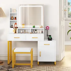 YITAHOME Vanity Desk with Mirror and Lights, Makeup Vanity Table with Power Outlet, Drawers, Vanity Table Set, 3 Lighting Modes Brightness Adjustable, Bedroom (White)