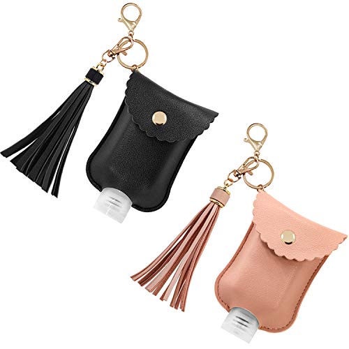 Hzran Portable Travel Size Bottle, Empty Squeeze Plastic Bottle Keychain Holder with Tassel for Hand Sanitizer, Essentiol Oil, Refillable Bottle Container Clips to Diaper Bag, Travel Bag(2 Pack B&P)