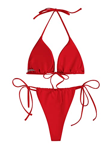 Image of ZAFUL Womens Printed Triangle Bikinis 2 Piece Halter Bikini Sets High Cut Bathing Suit Side Tie Swimsuits