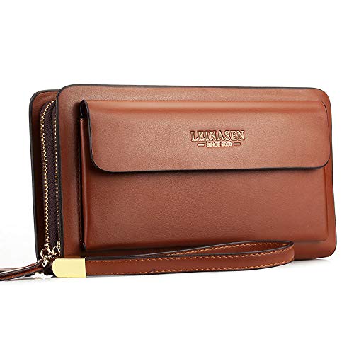 Men Wallets with coin pocket zipper Double Zipper Male Wallet long Large Men Purse coin clutch bag black Business (Brown)