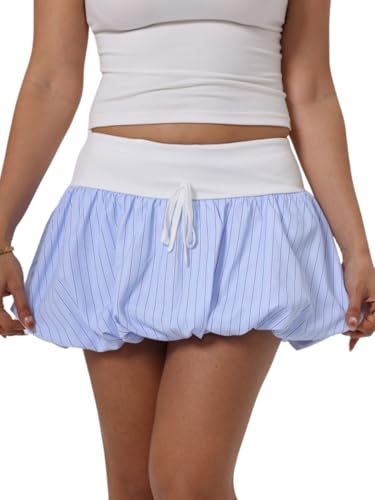Verdusa Women's Striped Color Block Bubble Skirt Drawstring Drop Waist Ruffle Mini Skirts