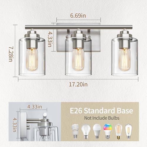 Image of SKEJAO Bathroom Vanity Light Over Mirror,Bathroom Light Fixture Wall Sconce Lighting for Bedroom,Living Room (Nickel, 3-Light)