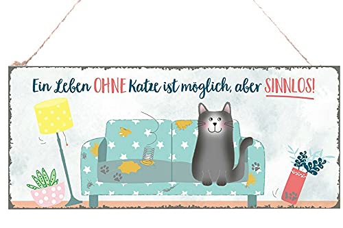 DIO Metallschild EIN Leben ohne Katze 30x13 cm Türschild Schild Hänger Dekohänger