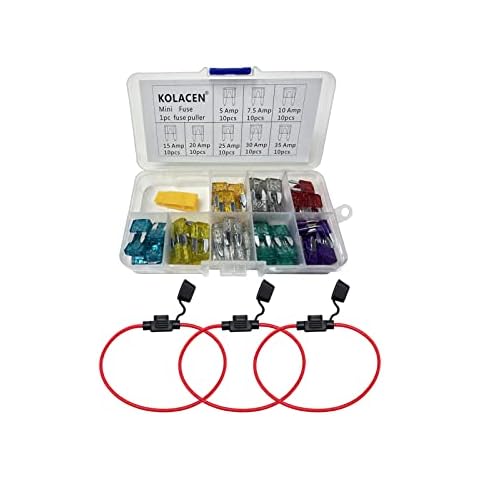 KOLACEN Automotive Car Truck Mini Blade Type Fuse Assorted Kit 81 Pieces + 3 Pieces In-line 14 Gauge Mini Fuse Holder Cover