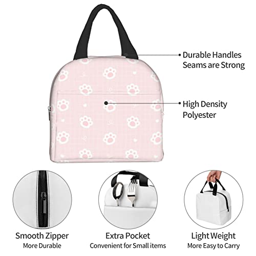 Canesert Lunch Bag With Pocket For Teen Cute Cat Paws Pink Insulated Lunch Box Cooler Thermal Waterproof Reusable Tote Bag For Women Travel Work Hiking Picnic #TOP3