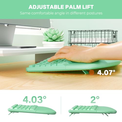 Image of MEETION Ergonomic Keyboard and Mouse, Wireless Keyboard with Vertical Mouse, Split Curved Keyboard with Wrist Rest, USB C Rechargeable Full Size, Windows /Mac /PC /Laptop, Green