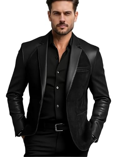 Anzuit Leather Coat for Men Vintage Western Cowboy Fashion Sport Button Closure Jacket Slim Fit Casual Formal Black Blazer Faux Leather Tuxedo for Motorcycle Work Daily L