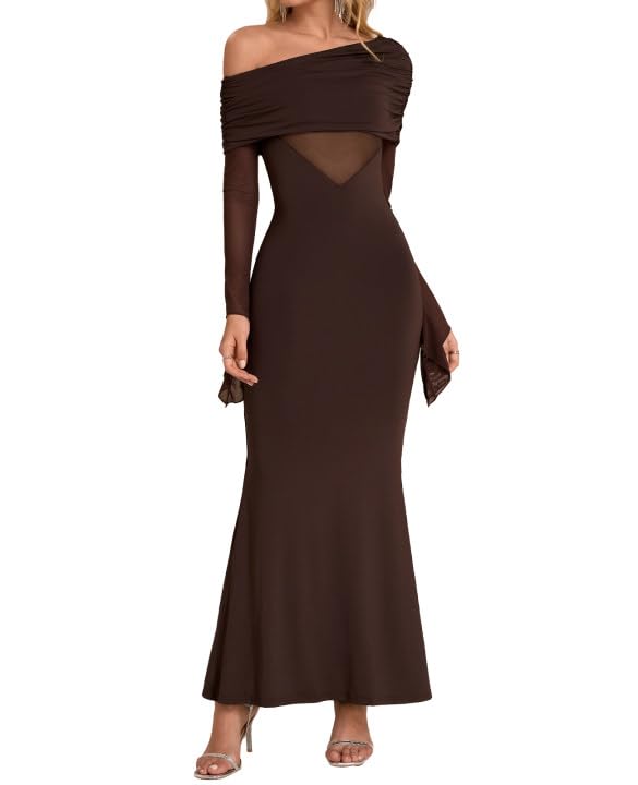 Women One Shoulder Long Sleeve Maxi Dress Bodycon Cut Out Long Formal Wedding Guest Dresses