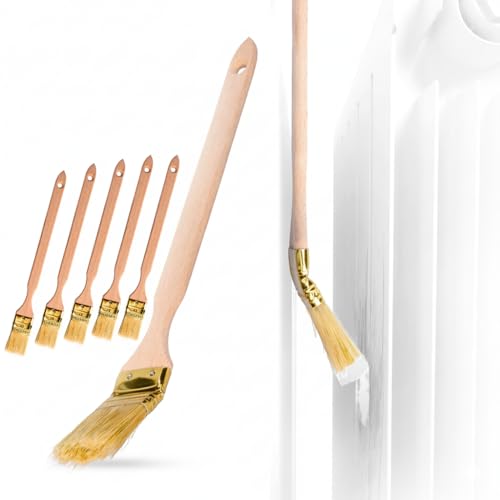 ToolSpace Heizkörperpinsel 6X Eckpinsel 36 mm Premium Set Malerpinsel Langer Stiel für Schwer Zugängliche Stellen Winkelpinsel Holzgriff Fassadenpinsel Naturborsten schräg Kopf für präzises Streichen