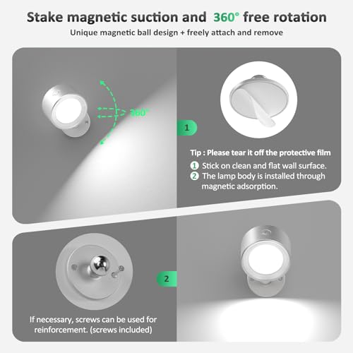 Image of Racokky LED Wall Sconces 2 Pcs with Remote, Wall Lights 3000mAh Rechargeable Battery Operated, 3 Color Temperatures & Dimmable Wall Lamp Magnetic 360 Rotation Light for Bedroom Living Room(Silver)