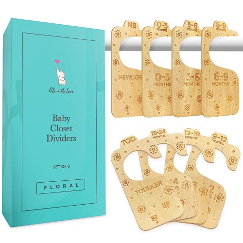 Image of Baby Closet Dividers (Floral) by Eli with Love - 8 Premium Wood Double Sided Baby Closet Size Dividers - Ideal Baby Clothes Dividers for Closet – Organize Nursery Closet Hangers by Size/Age