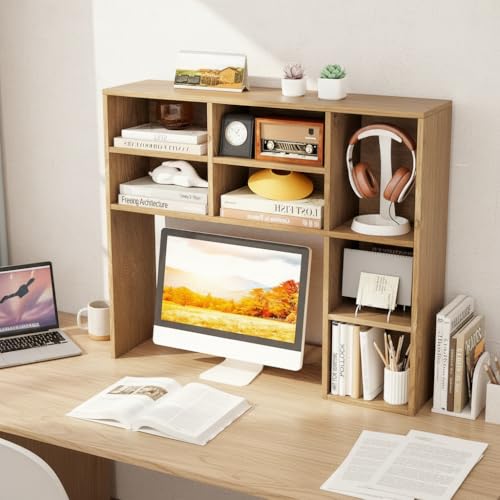Image of Tangkula Desktop Bookshelf, 37 inch Countertop Storage Hutch with 7 Cubes & 3 Adjustable Shelves, 3-Tier Desk Display Rack Organizer, Multipurpose Wood Desktop Hutch for Dorm Home Office (Natural)