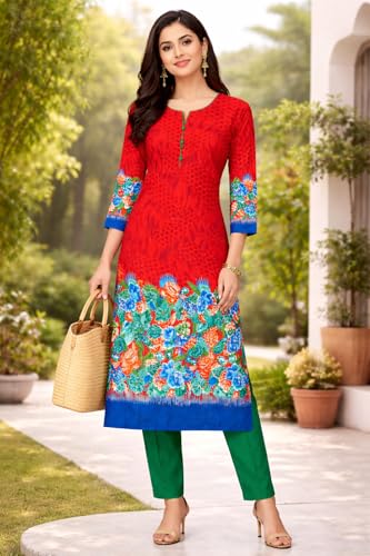 Image of Women's Cotton Blend Unstitched Kurti Set for Women | A-Line Style Dress Material | 2-Piece Traditional Ethnic Wear Suit Fabric