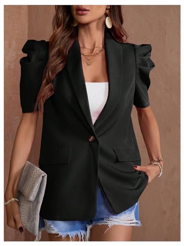 OYOANGLE Women's Single Breasted Blazers Gigot Short Sleeve Lapel Neck Dressy Office Jackets4