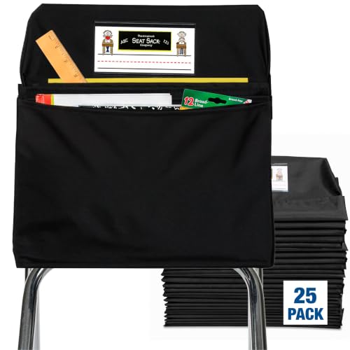 Image of Seat Sack Student Chair Storage Pocket - 17 inch, Double Pocket, Classroom Chair Organizer for Student Desks, Durable Over-the-Chair Storage, Ready-to-Use Name Tag Window, Black, 25-Pack