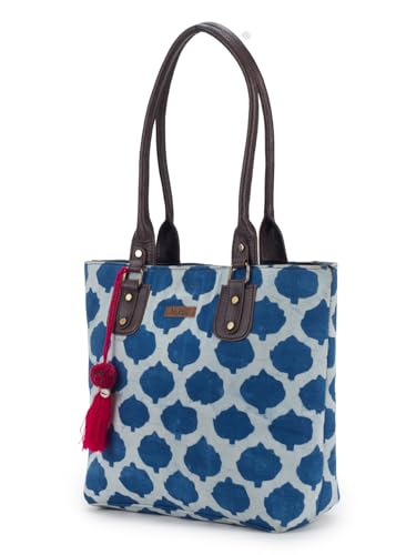 Image of NEPRI Office Pouch Tote Bag | Stylish Set of 2 Tote Bags for Women| Vegan Leather & Handblock Printed Fabric Handbag with Double Handle Shoulder Strap| Daily & Travel Use