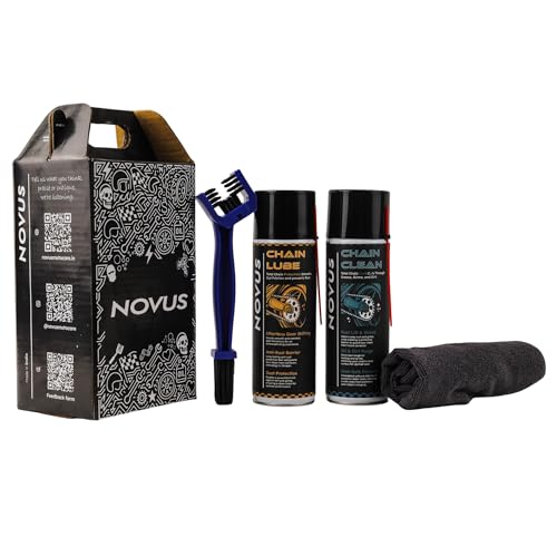 Image of Novus Bike Chain Maintenance Kit - Chain Lube 500ml + Chain Cleaner 500ml + Chain Cleaning Brush + 350gsm Microfibre Cloth | All-Weather | O, X Ring Safe |
