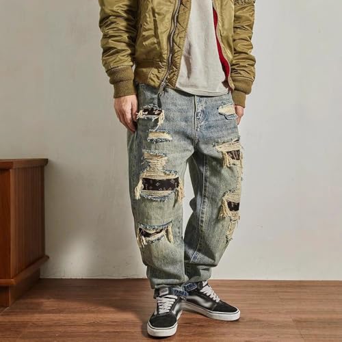 Men's Baggy Ripped Jeans Y2k Retro Distressed Patch Hip-hop Rock Street Style Cargo Denim Pants2