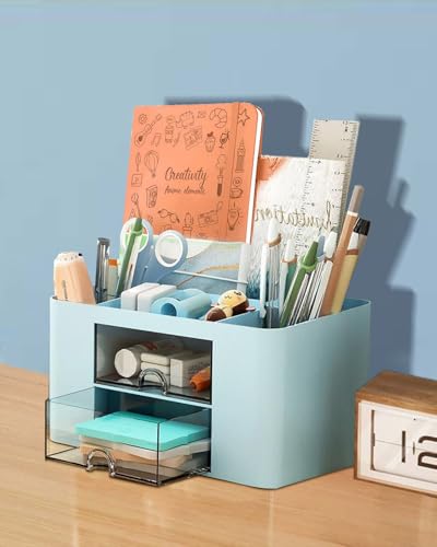 Image of Office Desk Organizer with 2 Drawers Multi-Functional Desktop Pen Pencil Case Storage Box,Desktop Organizer for Office Home Supplies Blue LCC570-01