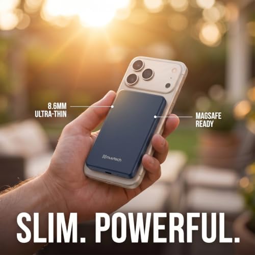 Image of Muvtech Aeroslim 5000mAh Slimmest Magnetic Wireless Power Bank, Metal Body, Ultra Slim Mini Pocket Size, 20W Fast Charging, Type-C in /Out for iPhone, Samsung & Pixel