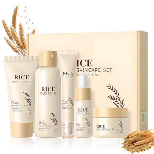 Rice Skincare Kit 5 Piezas,con Rice Toner,Esencia,Crema,Sérum para Ojos,Limpiador,Reafirmante, Hidratante, No Graso, Antienvejecimiento,Apto para Todo Tipo de Piel