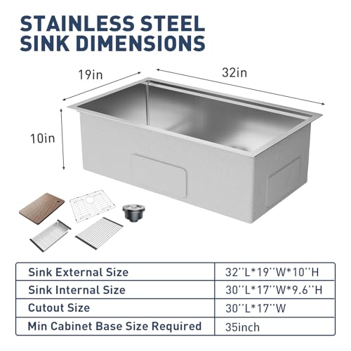 GarveeHome Undermount Kitchen Sink, 32x19 Inch Stainless Steel Kitchen- Single Bowl Sinks, Modern Top Mount 16 Gauge Workstation Sink-with Cutting Board for Bar, Silver (Not Included Faucet)