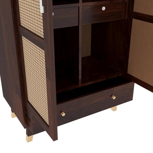 Image of Solid Sheesham Wood 2 Door Wardrobe with Rattan Cane Work & 3 Drawer | Rosewood Almirah for Bedroom Storage (Walnut Finish)