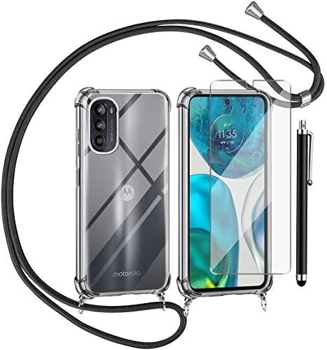 Funda con Cuerda para Motorola Moto g52/Motorola Moto g82 5G y Cristal Templado Protector de Pantalla,Transparente Suave Silicona Carcasa, Ajustable Cordon Collar Colgante Antigolpes Case, Negra Cover