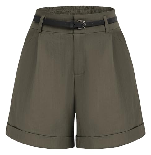 Image of Belle Poque Women Bermuda Shorts Elastic Waist Wide Leg Shorts with Pockets & Belts
