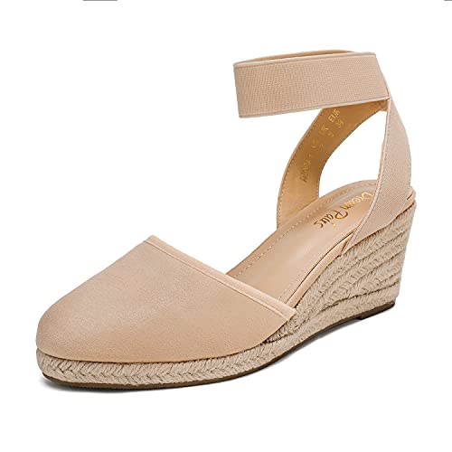 DREAM PAIRS Women's Elastic Ankle Strap Espadrilles Wedge Sandals 5.5 Nude