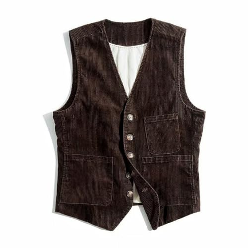 Retro Mens Corduroy Suit Vest Slim Fit V Neck 5 Buttons Vintage Casual Waistcoat for Prom Business Formal