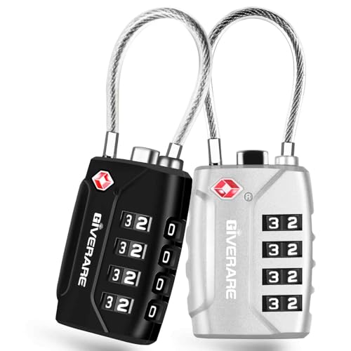 2 Pack TSA Approved Travel Luggage Locks, 4-Digit Metal Cable Combination Suitcase Lock, Alloy Padlocks, Weatherproof Padlock for Locker, Golf Bag, Gun Case, Backpack, Anti Theft-Black&Silver