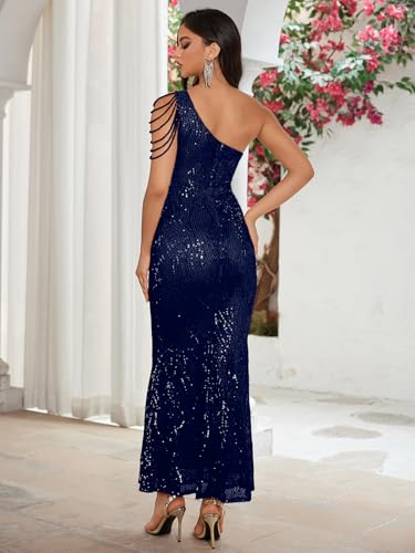 Image of Women One Shoulder 1920s Plus Size Formal Dress Tassels Sleeve Sequins Gatsby Maxi Evening Gown