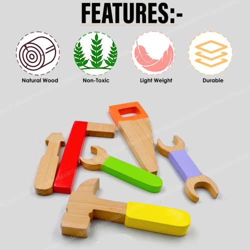 Image of VikriDa Take-Along Tool Kit Wooden Toy (Pretend Play, Sturdy Wooden Construction, Promotes Multiple Development Skills) - 7Pcs Set