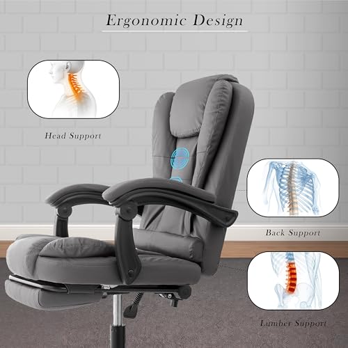 Image of Casa Copenhagen Italia Leatherette Office Chair for Work | Boss Chair, Ergonomic Executive, Luxurious Cushioned Arms & Seat, 2 Point Back Massager, Adjustable Leg Rest, Heavy Duty Metal Base(Grey)