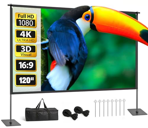 Projector Screen with Stand 120 Inch Indoor Outdoor Portable Projection kit All-Metal Frame Wrinkle-Free 16:9 4K HD Front/Rear Movie Screen with Carry Bag for Home Theater Backyard Movie Night