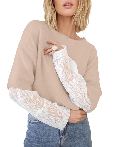 Women's Lace Long Sleeve Sweater Crewneck Casual Loose Ribbed Knit Top