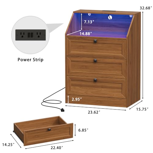 Image of Wodeer Walnut Dresser 3 Drawer Nightstand, Wood Night Stand with LED Lights, Charging Station, Metal Handles, Modern Storage Cabinet and Organizer Drawers for Living Room, Hallway